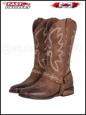 Wide Calf Square Toe Cowboy Boots Faux Leather Wood Sole